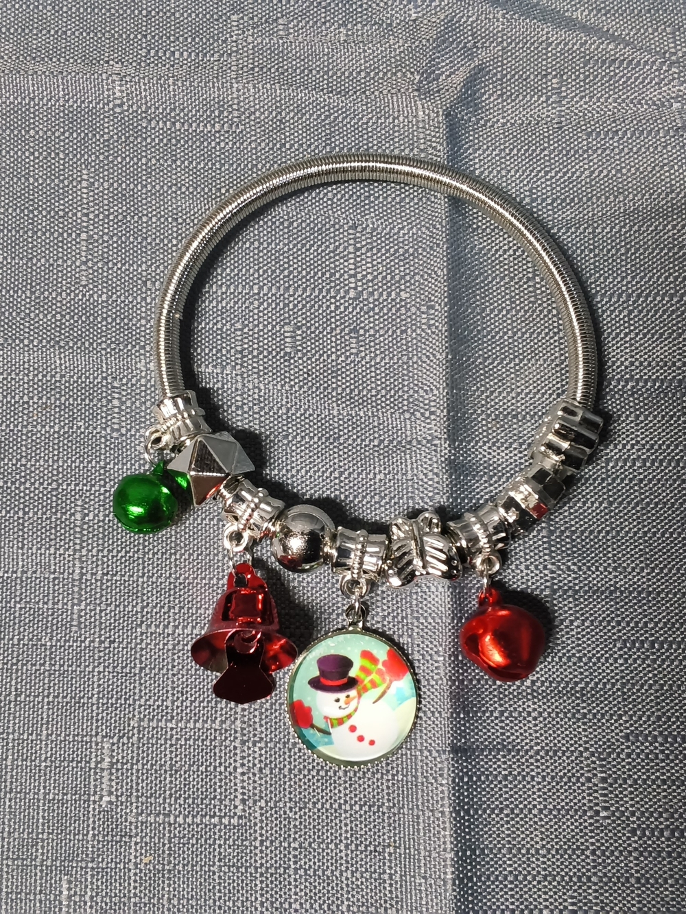 Festive Silver-Tone Snowman Charm Bracelet with Red & Green Bells